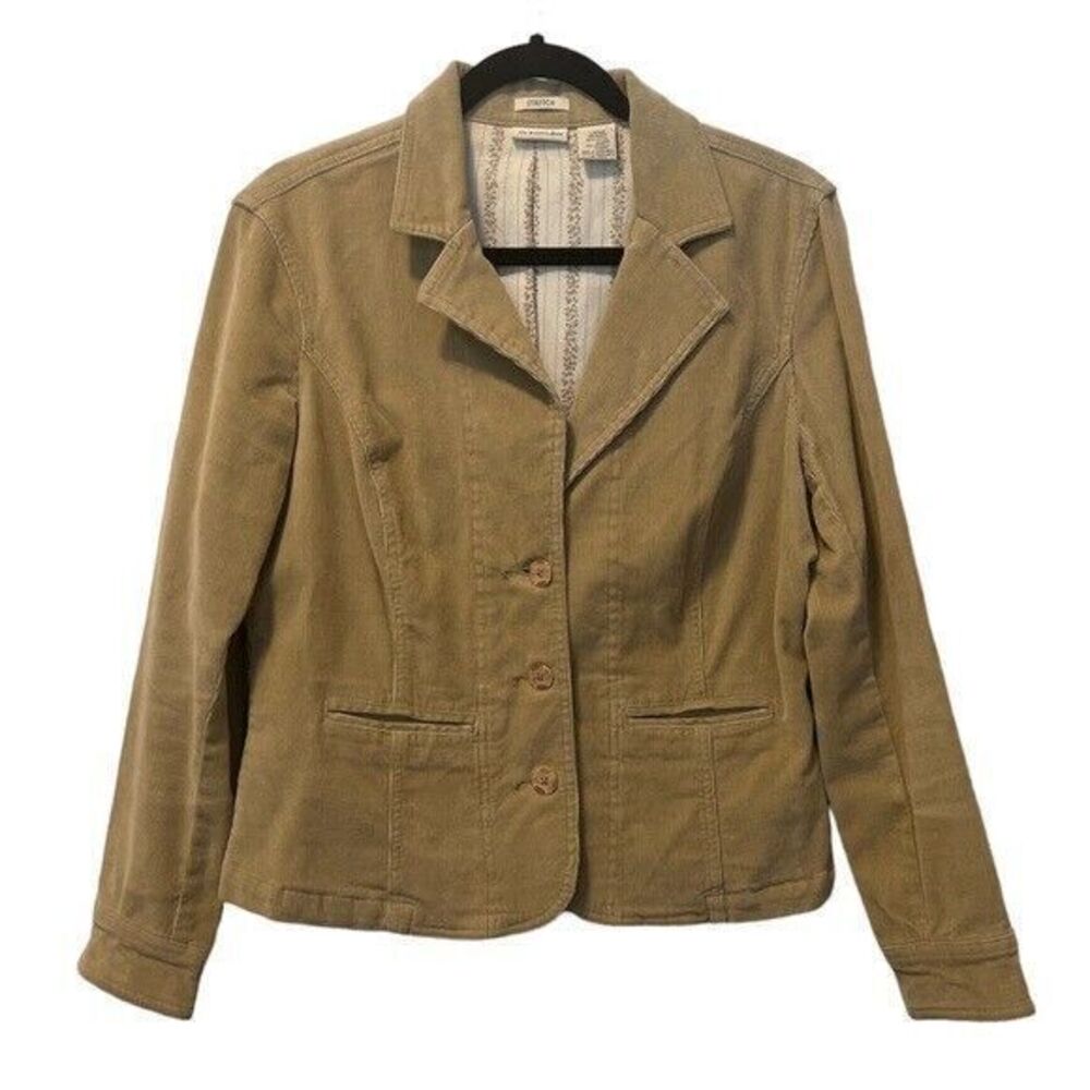 Vintage St John Bay Women Large Khaki Corduroy Stretch Stripe Mock Liner‎ Blazer